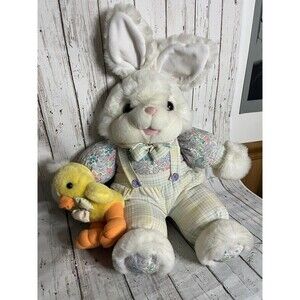 Vintage Plush Easter Bunny Pastel Floral Overalls Bow Tie Duck Large